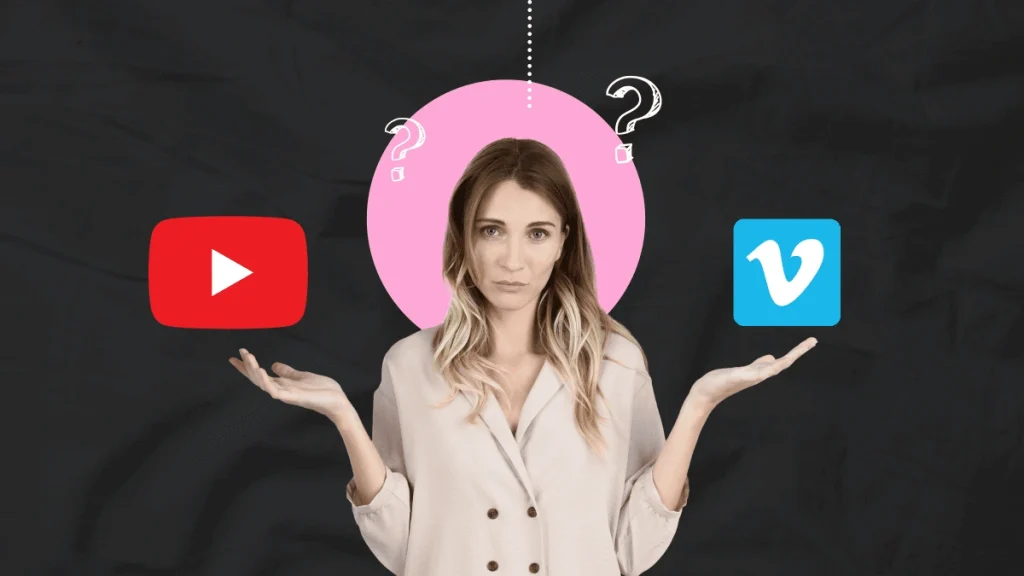 A woman standing between the YouTube and Vimeo logos, looking undecided with question marks floating above her head.