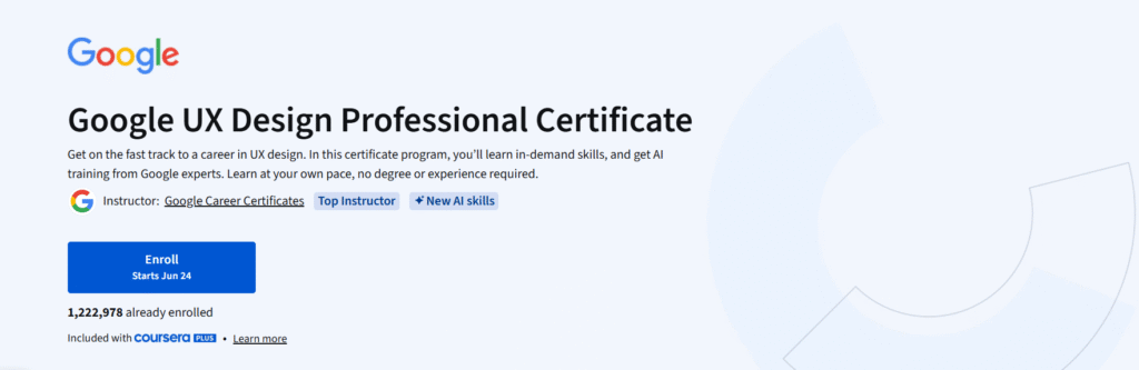 Google UX Design Professional Certificate enrollment page