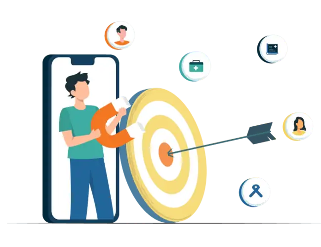 Digital marketing illustration showing customer targeting and audience retention with magnet and dartboard
