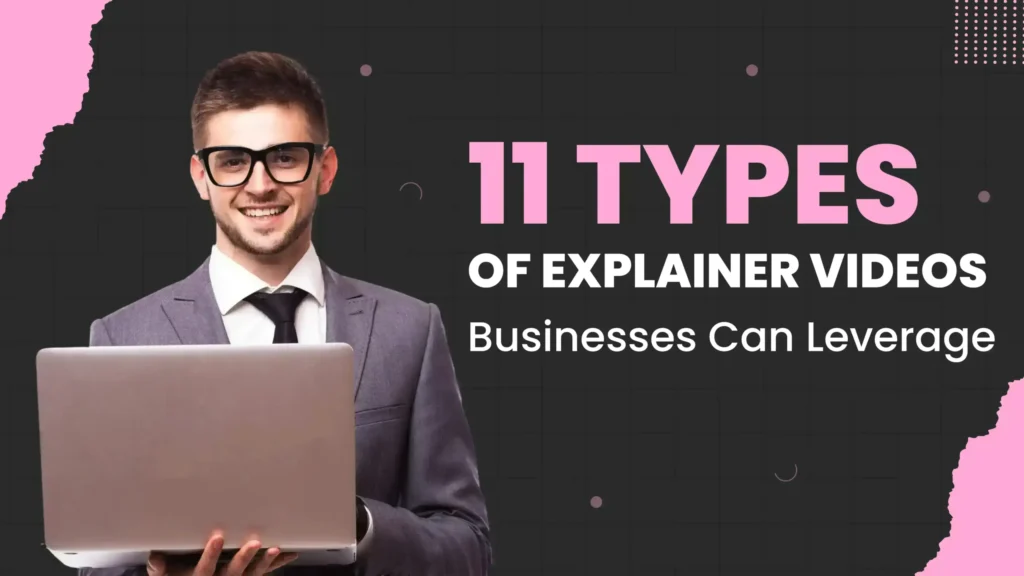 Top 11 Explainer Video Ads illustration with laptop, play icon, megaphone and light bulb graphics