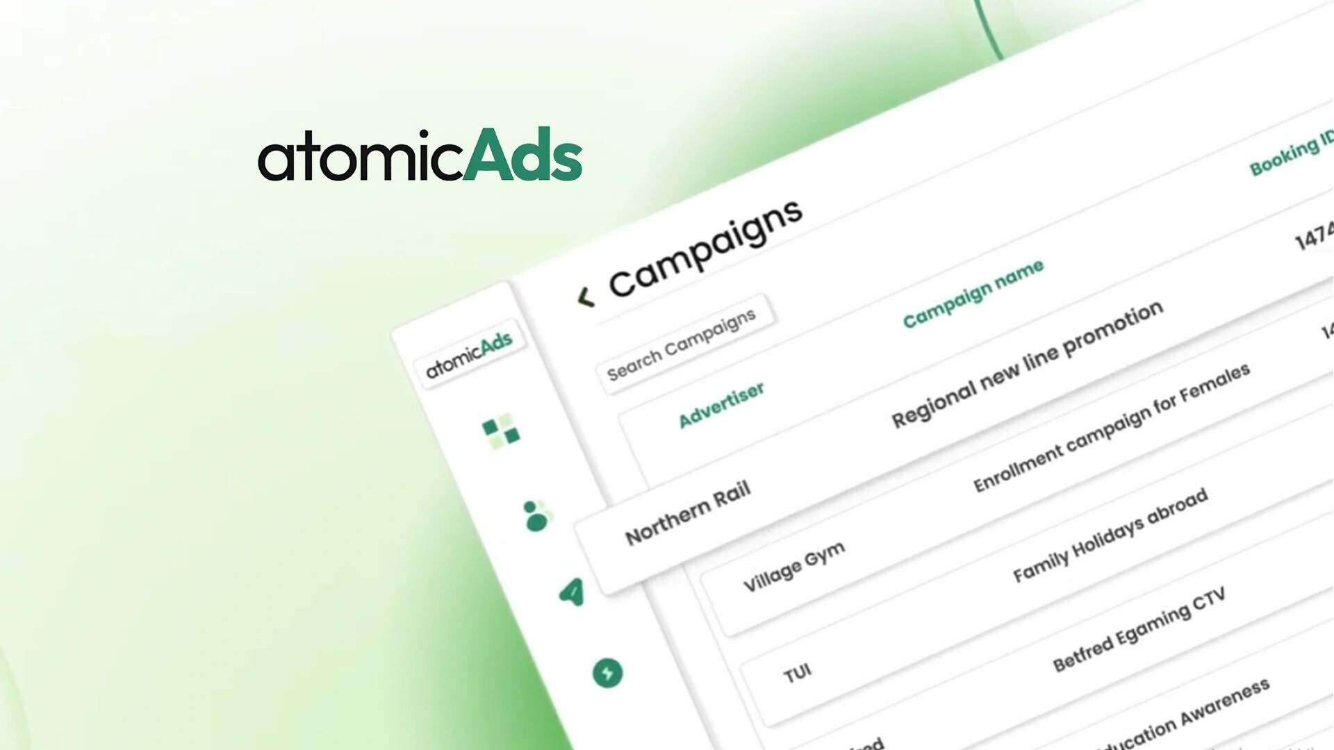 AtomicAds campaign management dashboard showing active advertising campaigns
