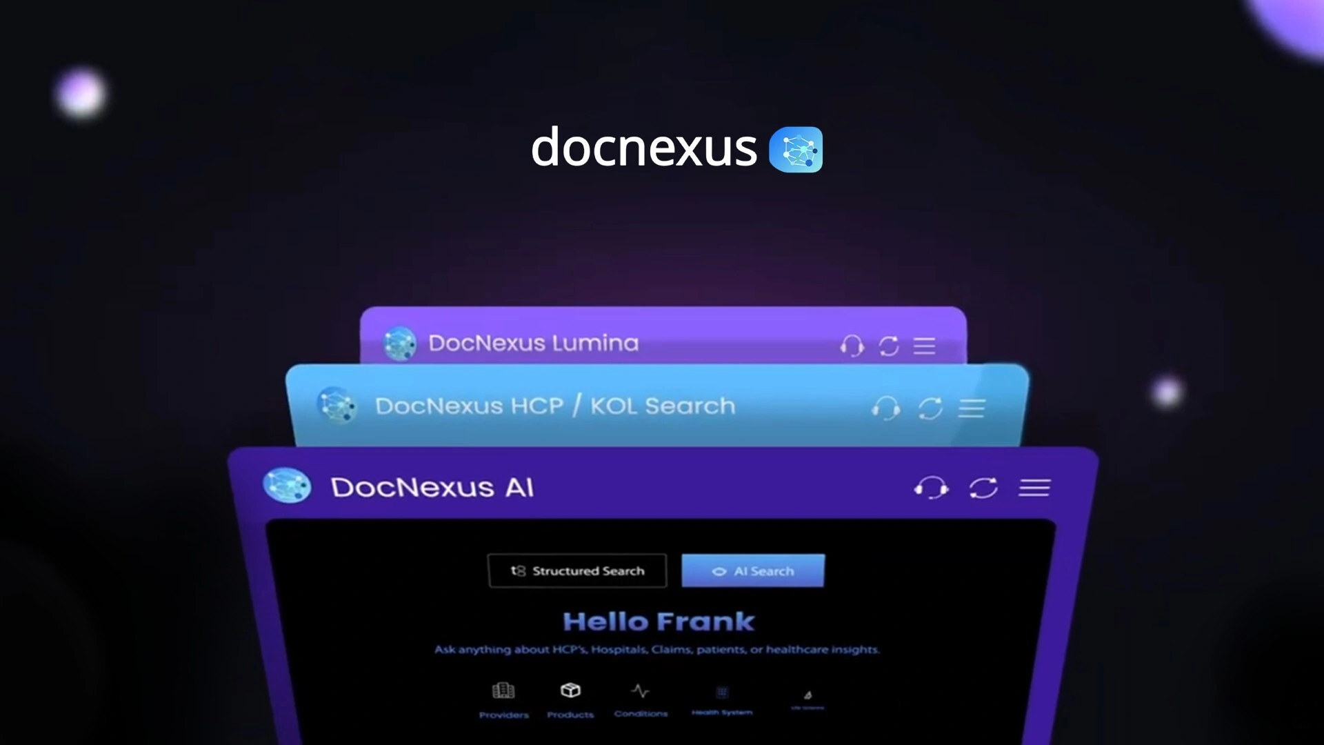 DocNexus AI healthcare analytics dashboard with layered interface screens