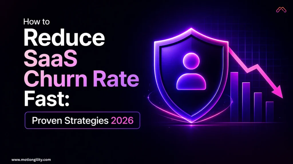 Neon style graphic showing shield with user icon and declining chart, with text “Reduce SaaS Churn Rate Fast – Proven Strategies 2026