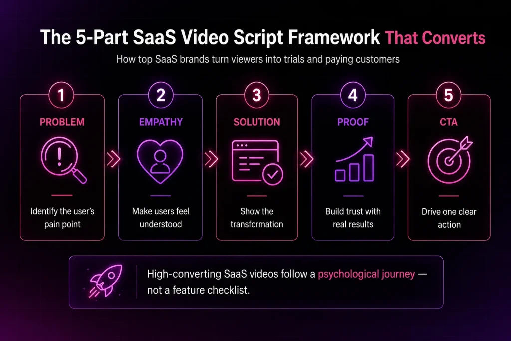 Infographic showing a 5-part SaaS video script framework for increasing conversions and trials.