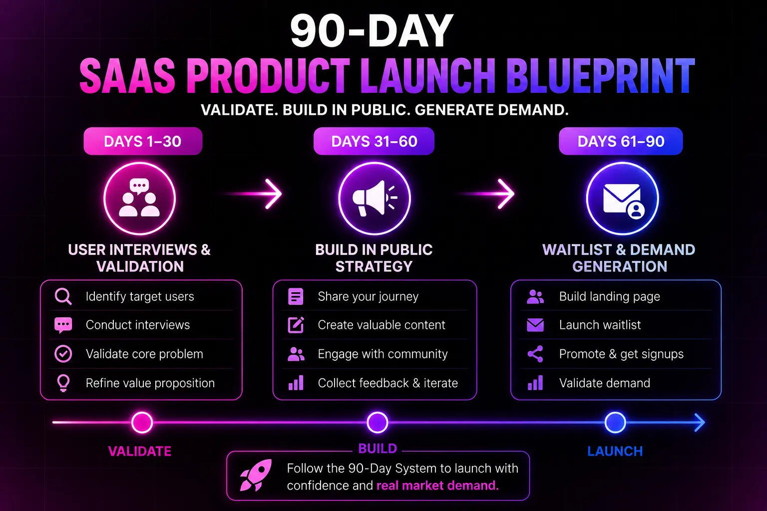 Startup team planning and validating a product launch strategy over a 90-day period