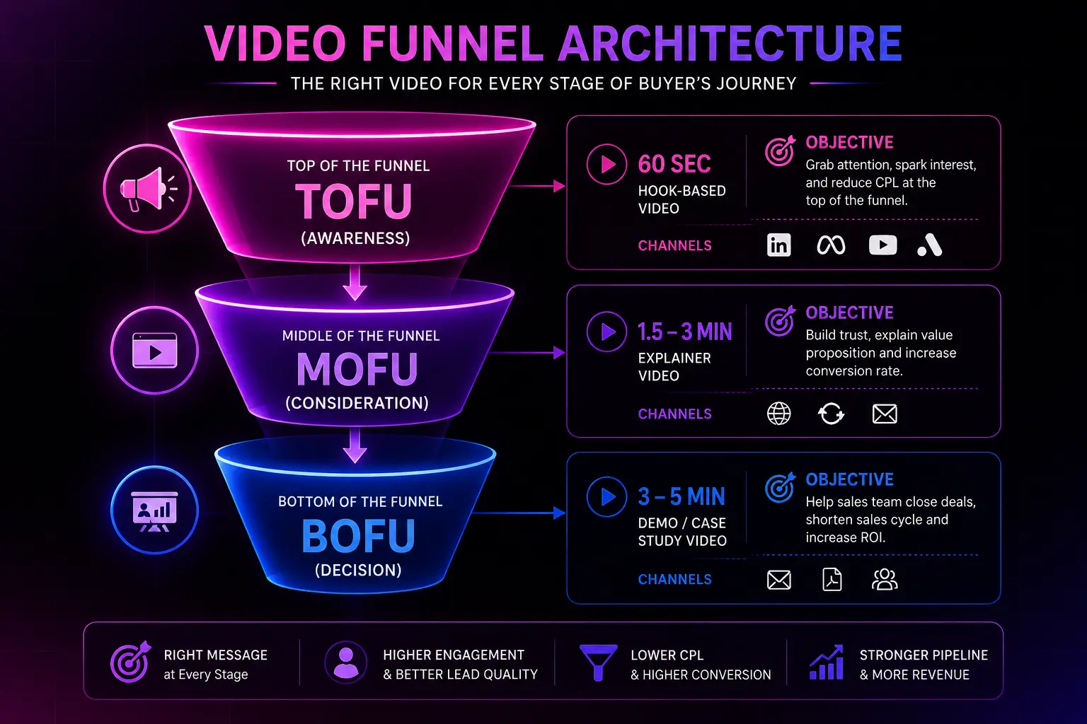 Video funnel architecture showing different types of videos for each stage of the marketing funnel.
