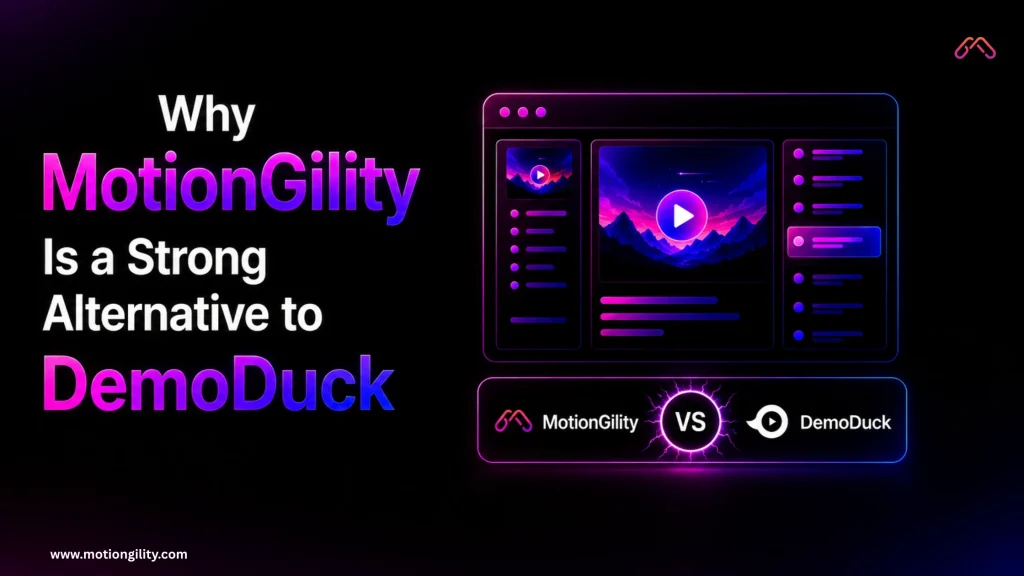 Business professionals comparing MotionGility and Demo Duck for high-quality animated explainer videos, product demos, and video marketing solutions.