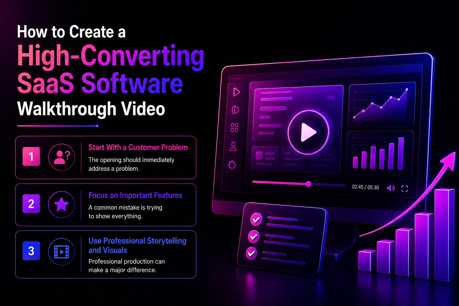 High-converting SaaS software walkthrough video showing customer-focused storytelling, key product features, professional visuals, and conversion-focused design.