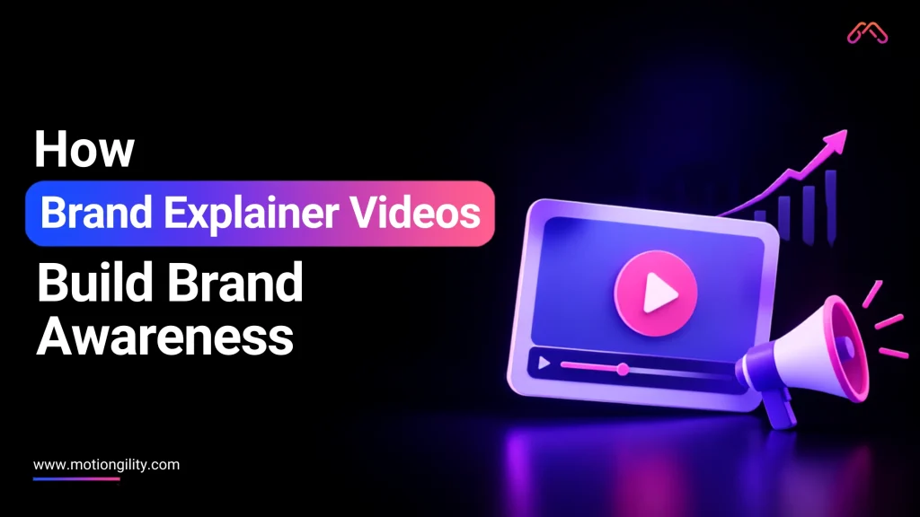 Brand explainer video with play button, megaphone, and growth chart