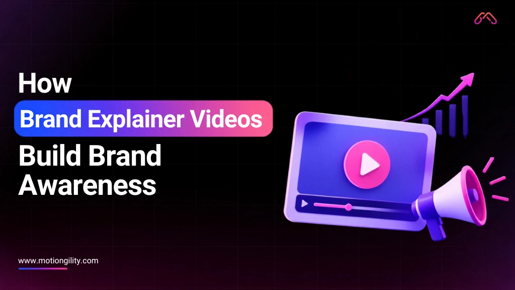 Brand explainer video with play button, megaphone, and growth chart